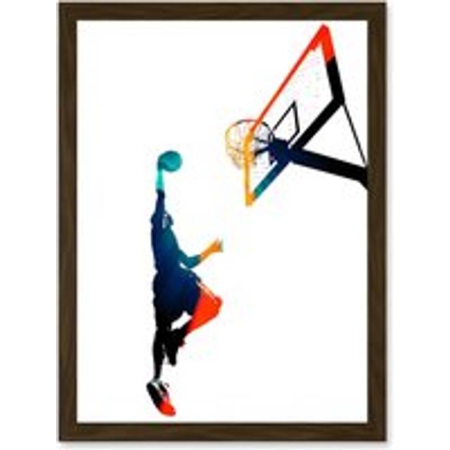 Basketball Jump Hoop Ball Dunk Sport A4 Artwork Framed Wall Art Print - Brown - One Size
