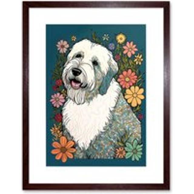 Wall Art Print English Sheepdog with Multicolour Daisies Bright Flowers Modern Artwork Framed 9X7 Inch - Brown - W7 inch x H9 inch