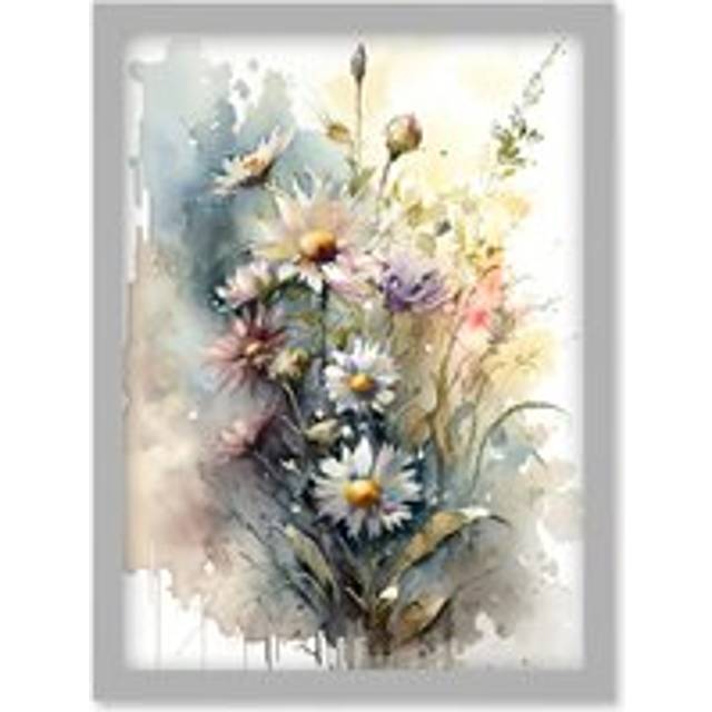 Wild Flower Daisies in Bloom Modern Boho Watercolour Painting Artwork Framed Wall Art Print A4 - Grey - One Size
