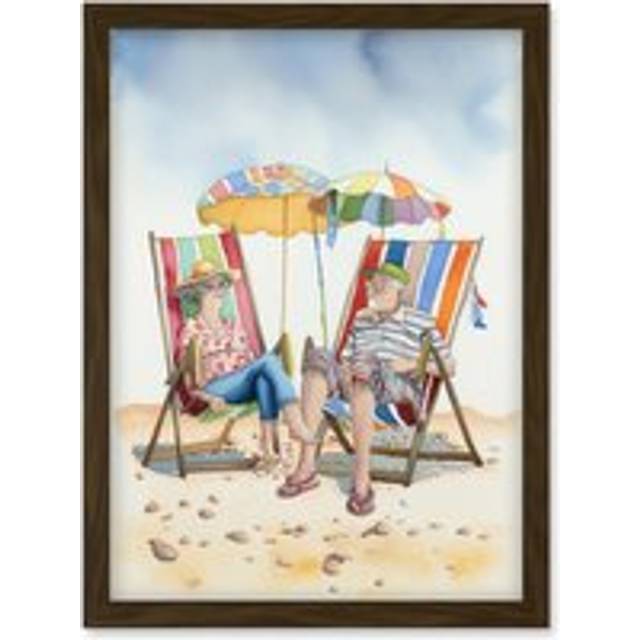 Elderly Couple Enjoying A Summer Beach Day Watercolour Illustration Artwork Framed Wall Art Print A4 - Brown - One Size