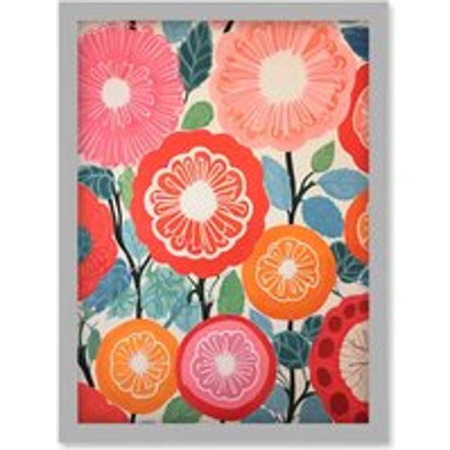 Wall Art Print Pomegranate Tree Flowers in Bloom Mediterranean Bright Floral Abstract Artwork Framed A4 - Grey - A4