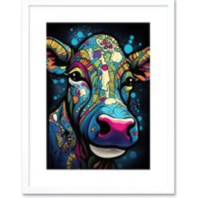 Wall Art Print Psychedelic Pattern Cow Acrylic Painting Colourful Folk Portrait Modern Pop Artwork Framed 9X7 Inch - White - W7 inch x H9 inch