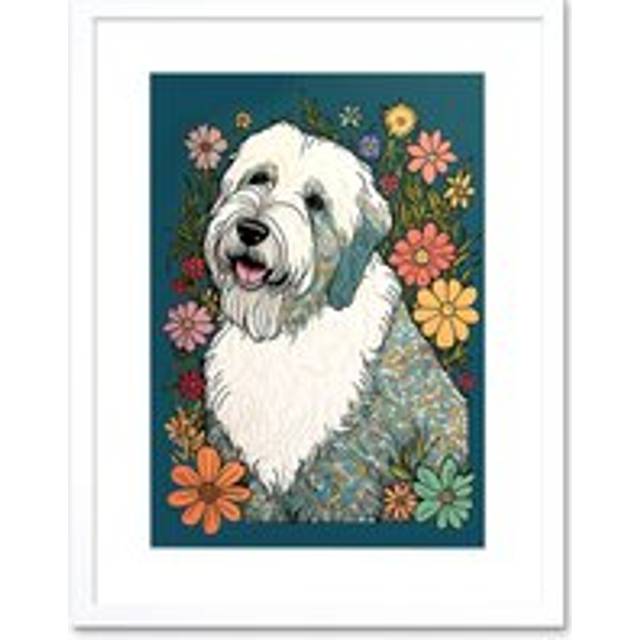 Wall Art Print English Sheepdog with Multicolour Daisies Bright Flowers Modern Artwork Framed 9X7 Inch - White - W7 inch x H9 inch