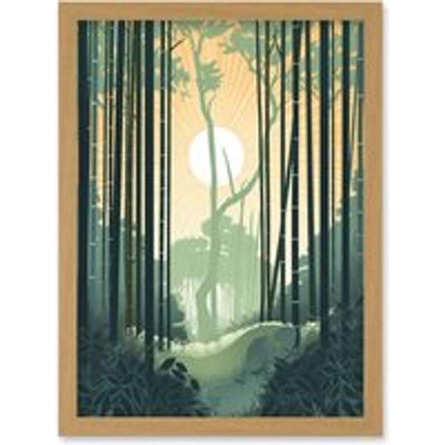 Arashiyama Bamboo Grove Serene Forest Illustration Artwork Framed Wall Art Print A4 - Tan - One Size