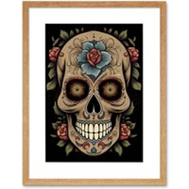 Wall Art Print Old School USA Tattoo Ink Body Art Day Dead Skull Rockabilly Americana 50s Artwork Framed 9X7 Inch - Beige - W7 inch x H9 inch