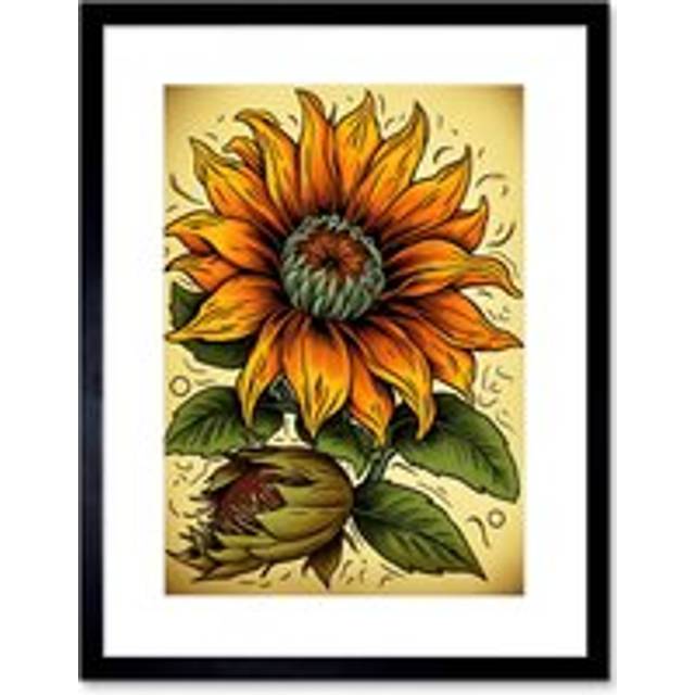 Wall Art Print Sunflower Bloom Old School USA Tattoo Ink Body Art Rockabilly Americana 50s Artwork Framed 9X7 Inch - Black - W7 inch x H9 inch