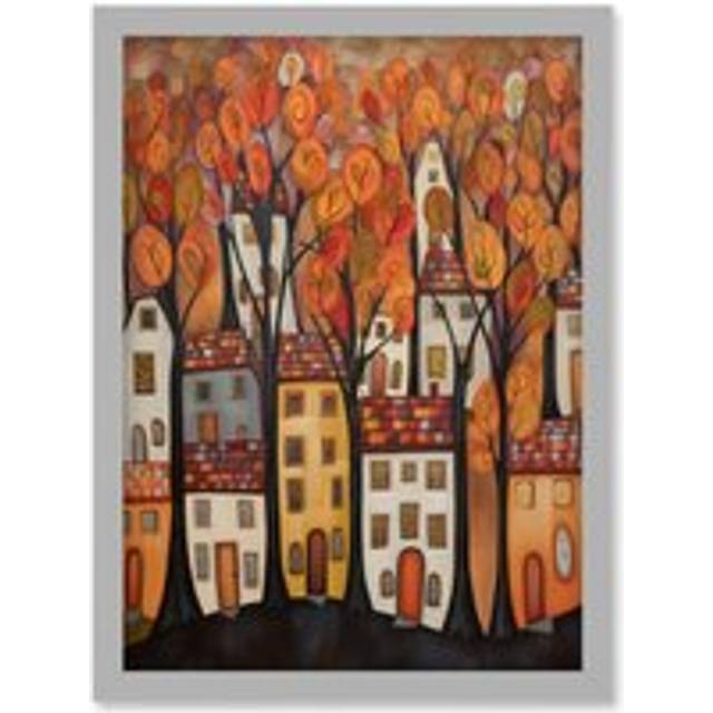Cityscape With Trees In Autumn Contemporary Folk Art Painting Artwork Framed Wall Art Print A4 - Grey - One Size