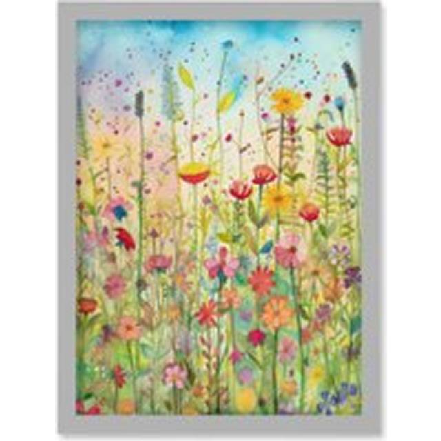 Summer Wild Flower Blossom Meadow Folk Art Artwork Framed Wall Art Print A4 - Grey - One Size