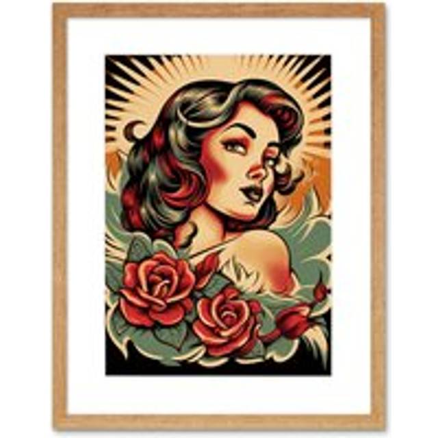 Wall Art Print Pin Up Girl Roses Retro Tattoo Ink Body Art Rockabilly Americana 50s Artwork Framed 9X7 Inch - Beige - W7 inch x H9 inch
