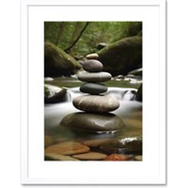 Wall Art Print Zen Massage Stone Photograph Waterfall River Nature Beauty Salon Therapy Room Artwork Framed 9X7 Inch - White - W7 inch x H9 inch