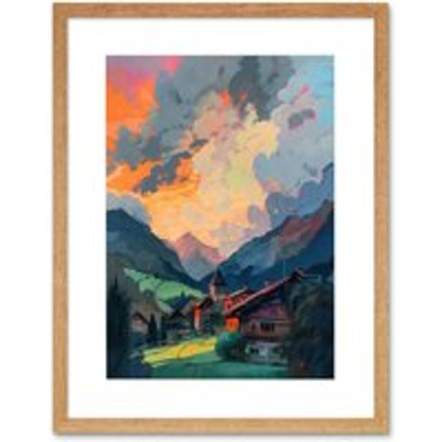 Wall Art Print Small Village in the Alps Atmospheric Clouds Over Cabins at Dawn Modern Watercolour Painting Artwork Framed 9X7 Inch - Beige - W7 inch - W7 inch x H9 inch
