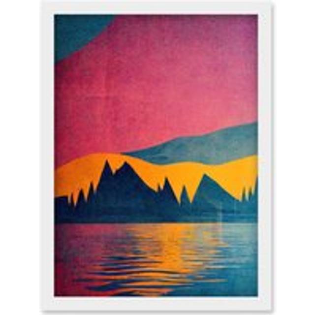 Sunset at Lakeside Modern Colourful Pop Art Design Artwork Framed Wall Art Print A4 - White - One Size
