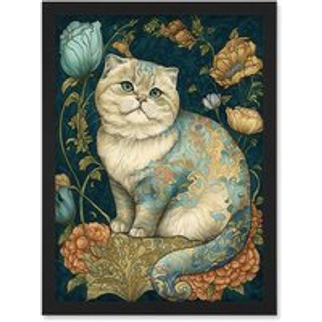 William Morris Inspired Cute Cat with Floral Pattern Fur and Flowers Colourful Modern Illustration Artwork Framed Wall Art Print A4 - Black - One Size