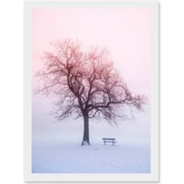 Winter Landscape Snow Lone Tree Bench Foggy Sunrise Photo Artwork Framed Wall Art Print A4 - White - One Size