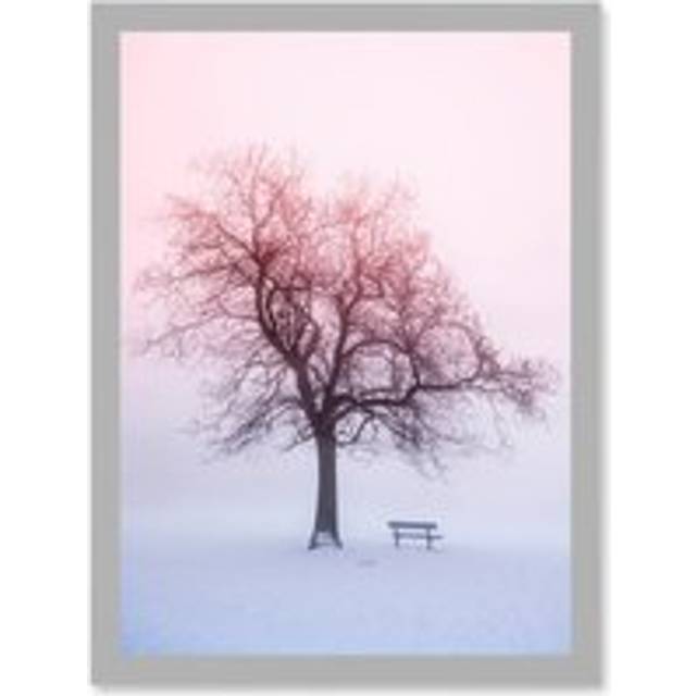 Winter Landscape Snow Lone Tree Bench Foggy Sunrise Photo Artwork Framed Wall Art Print A4 - Grey - One Size