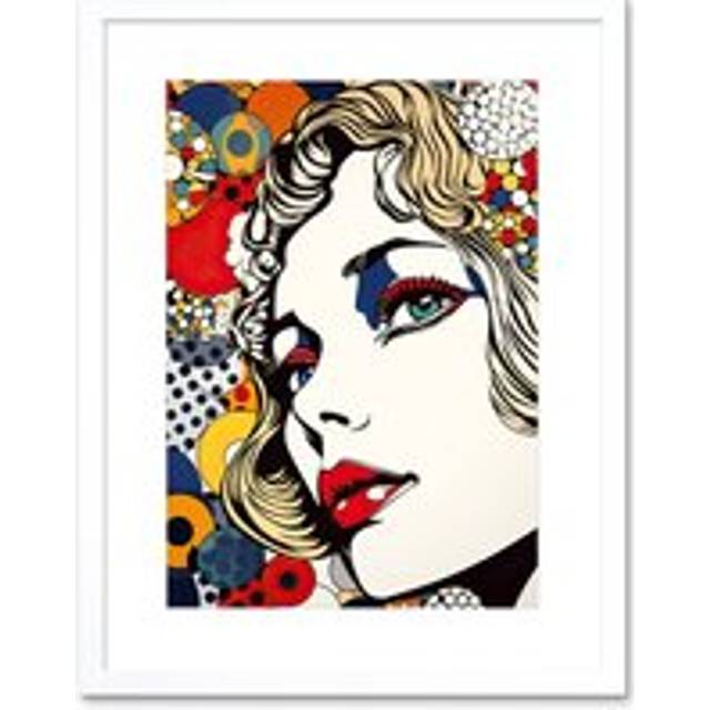 Wall Art Print Bright Woman Face with Geometric Patterns and Bubbles Comic Book Style Pop Art Halftone Artwork Framed 9X7 Inch - White - W7 inch x H9 - W7 inch x H9 inch