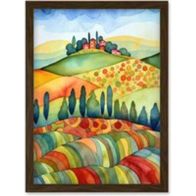 Landscape Of Tuscany House On The Hill Folk Art Artwork Framed Wall Art Print A4 - Brown - One Size