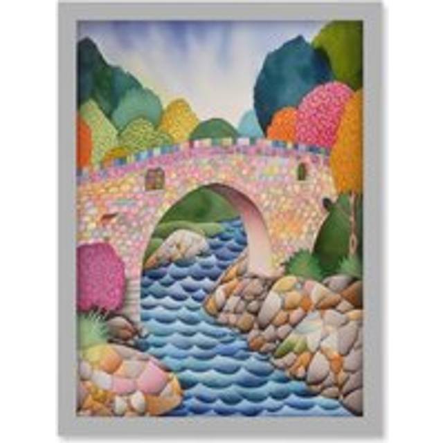 Modern Folk Art Countryside Bridge Artwork Framed Wall Art Print A4 - Grey - One Size