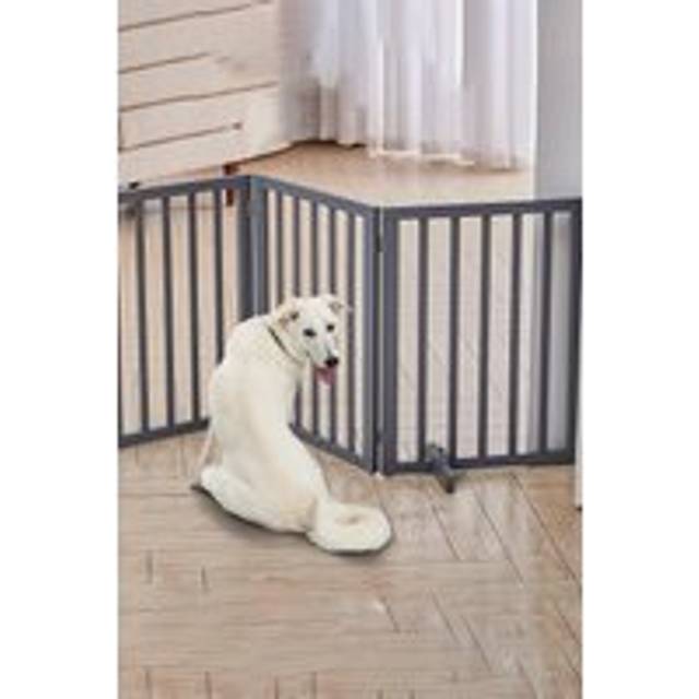 3 Panel Wooden Foldable Freestanding Pet Gate Durable Dog Cat Fence Child Safety Indoor Guardrail with Fixed Footrest - Grey - One Size