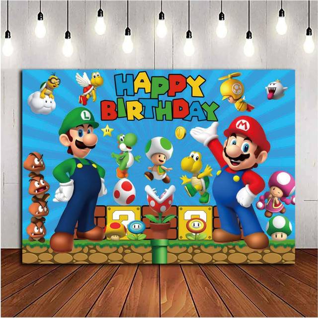 Cartoon Coin Video Game Happy Birthday Theme Photography Backdrops, Children Boys Birthday Party Decor Supplies Kids Shoot Photo Backgrounds 5x3ft