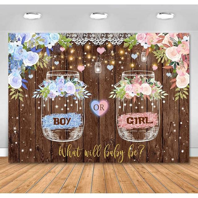 7*5 ft,Wishing Bottle Gender Reveal Backdrop Boy or Girl What Will Baby Be Rustic Floral Wooden Photography Background