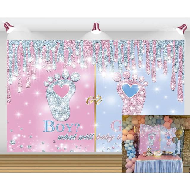 7*5 ft,Little Feet Gender Reveal Backdrop Boy or Girl Pink Blue Baby Reveal Party Photography Background