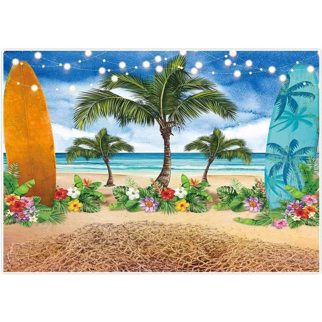 Summer Beach Ocean Photography Backdrops Blue Sky Seaside Surfboard Tropical Palm Trees Luau Kids Girl 1st Birthday Party Decor Baby Shower 5x3ft