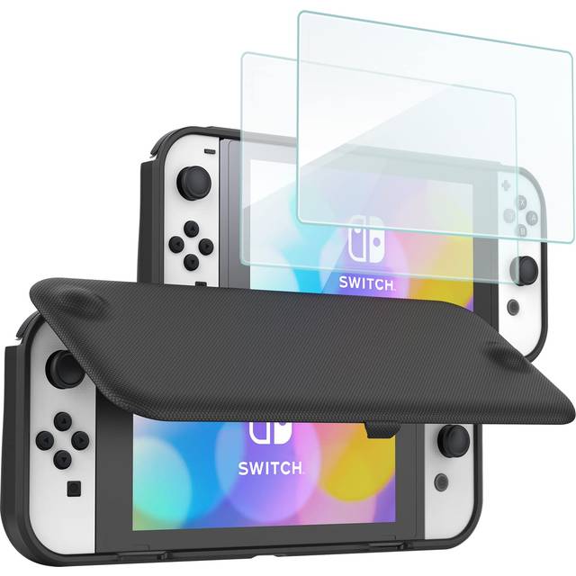 ProCase Flip Cover Fodral för Nintendo Switch OLED 2021 med 2-pack Skärmskydd Härdat Glas Slim Soft Cover Anti-Scratch Skyddsfodral för Nintendo Switch OLED 2021 (Vit)