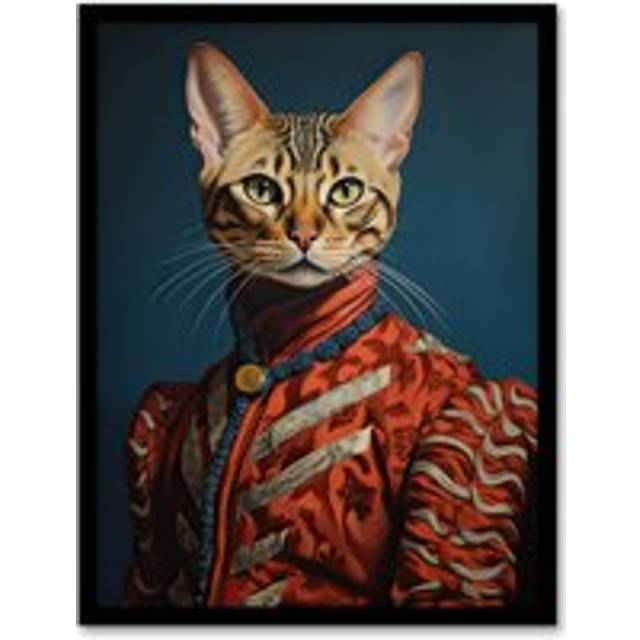 Wall Art Print Bengal Aristocrat Oil Painting Orange Red Blue Cat Lover Pet Portrait Artwork Framed - Multi - W12 inch x H16 inch