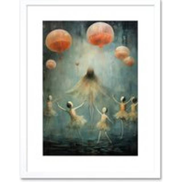 Wall Art Print The Jellyfish Ballet Whimsical Surreal Underwater Dance Artwork Framed 9X7 Inch - White - W7 inch x H9 inch