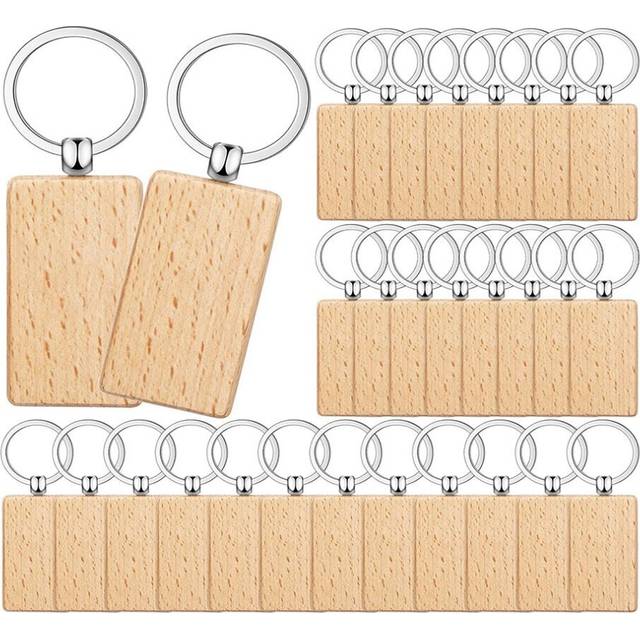 100Pieces Wooden Keychain Blanks Bulk Rectangle Wood Engraving Blanks Unfinished Wooden Key Ring Key Tag A