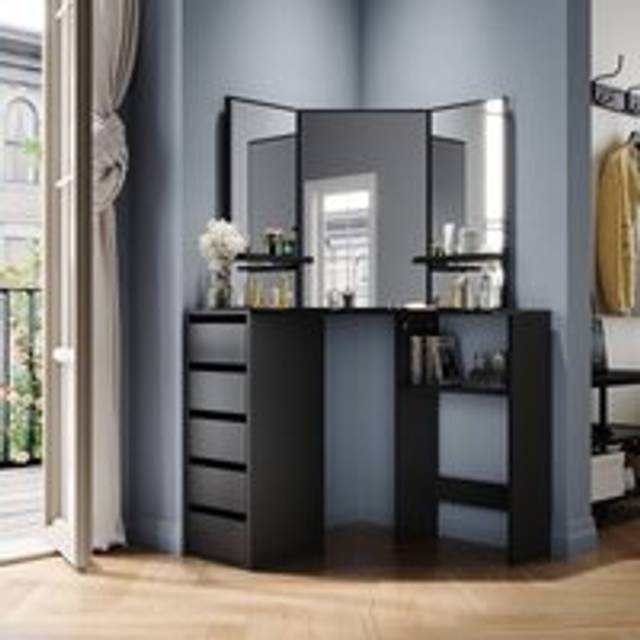 Elegant - Bedroom Furniture Corner Dressing Table Makeup Desk with 3 Large Mirrors 5 Drawers, Black Single Table