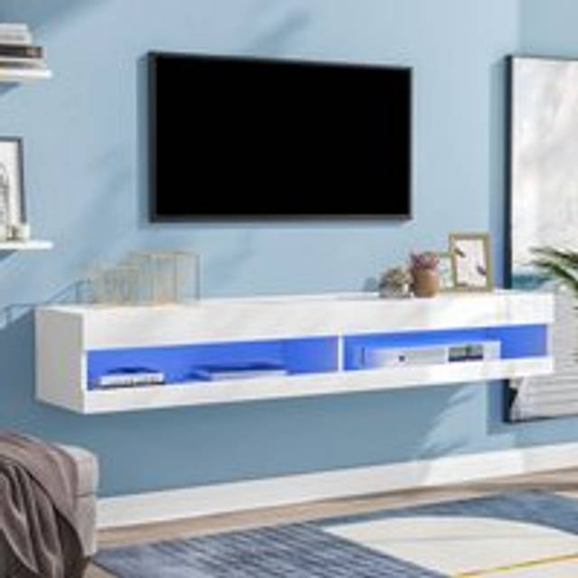 Abrihome - tv Stand with led Lights, Floating Entertainment Center Media Console, Wall Mounted High Gloss Modern Storage Shelf (White)