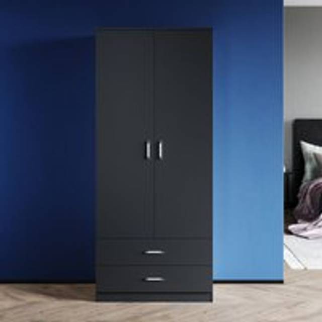 Elegant - Soft Close Double 2 Doors Wardrobe with Shelves Bedroom Large Storage Wardrobe Includes Removable Hanging Rod Black