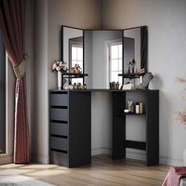 Corner Dressing Table Makeup Dresser Desk with 3 Large Mirrors 5 Drawers, Black Corner Desk with Large Storage Vanity Table for Girls - Elegant