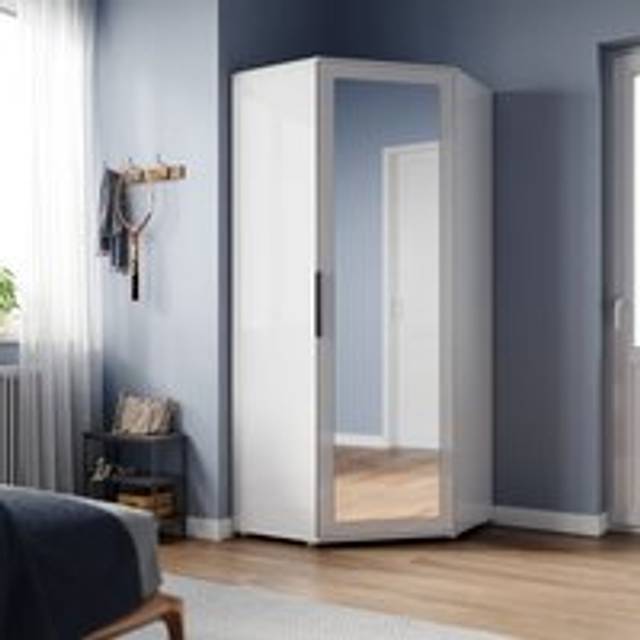 ELEGANT Modern Design Corner Wardrobe with Mirror White High Gloss Bedroom Furniture 800 x 800 x 1860 mm with Shelves, Hanging Rails