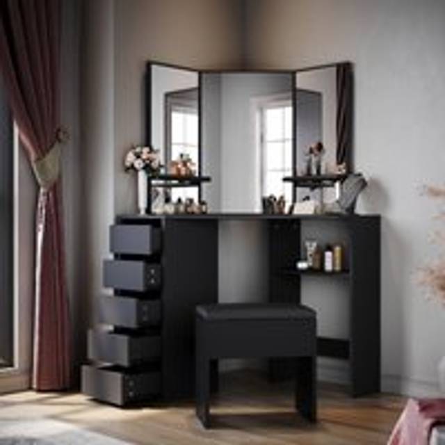 Elegant - Bedroom Furniture Corner Dressing Table Makeup Desk with 3 Large Mirrors 5 Drawers, Black Dresser Set with Stool