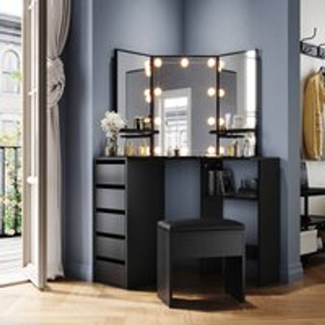 Bedroom Furniture Corner Dressing Table Makeup Desk with 3 Large Mirrors 5 Drawers, Black Dresser Set with Stool + led Mirror Lights - Elegant