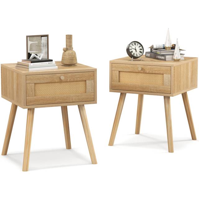Set of 2 nightstand bedside sofa side table w/rattan drawer & wood leg