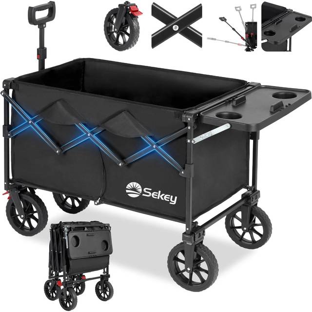 Sekey 250L Collapsible Wagon with Folding Table and Drink Holders  Foldble Beach Wagon with All-Terrain Wheels Load up to 330LBS for Shopping  Camping