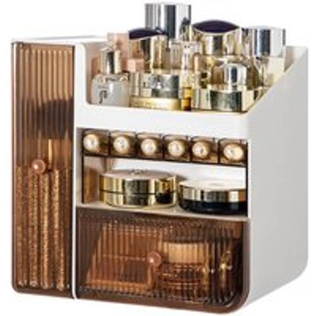 Large Makeup Storage Organizer Cosmetic Skincare Display Box with Brush Holder Drawers - Brown - One Size