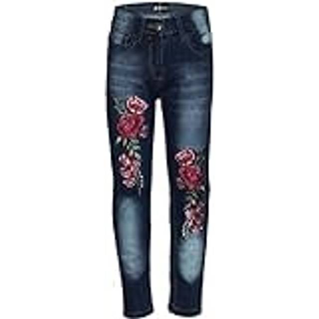 (9-10 Years, Dark Blue) Girls Jeans Designer Rose Embroidered Denim Pants
