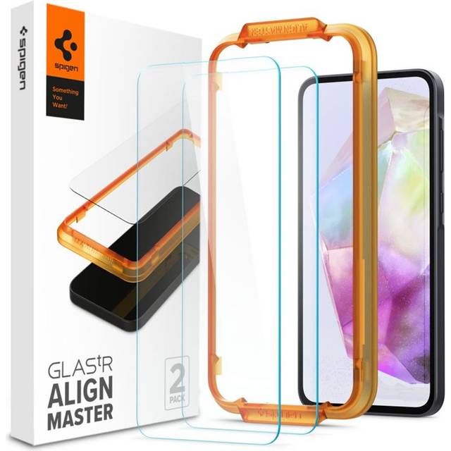 Spigen AlignMaster Skärmskydd kompatibel med Samsung Galaxy A35 5G, 2 Stycken, met sjabloon voor installatie, kristallklart, Responsiv Touch, Case friendly, 9H härdat Glas