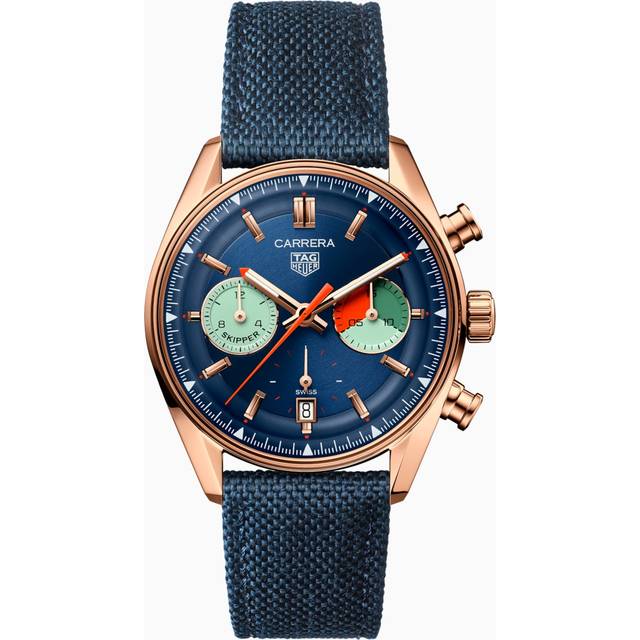 TAG Heuer Carrera Skipper 39 mm Watch - Blue Dial - Rose Gold Case - Blue Fabric Strap