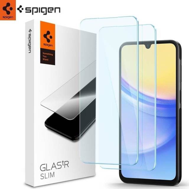 Spigen Glas.tR Slim Skärmskydd kompatibel med Samsung Galaxy A15, Galaxy A15 5G, Galaxy A25 5G, 2 Stycken, Kristallklart, Responsiv Touch, Case friendly, 9H härdat Glas