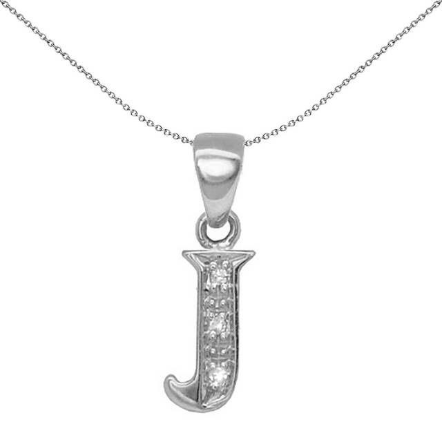 Jewelco London 9ct White Gold Pave Set Round H I2 0.02ct Diamond Identity Dainty Initial ID Charm Pendant Letter J - 9P052-J