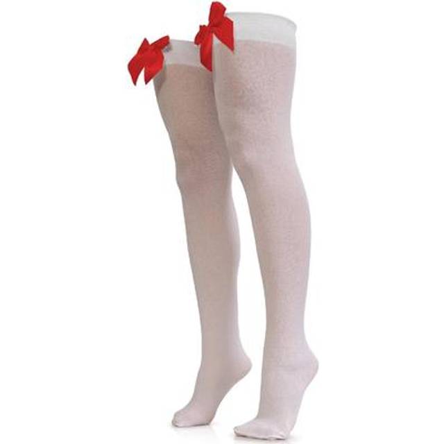 Skeleteen Bow Accent Thigh Highs - White Over the Knee High Stockings