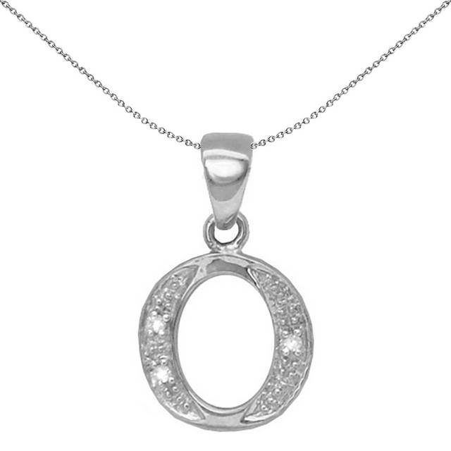 Jewelco London 9ct White Gold Pave Set Round H I2 0.02ct Diamond Identity Dainty Initial ID Charm Pendant Letter O - 9P052-O