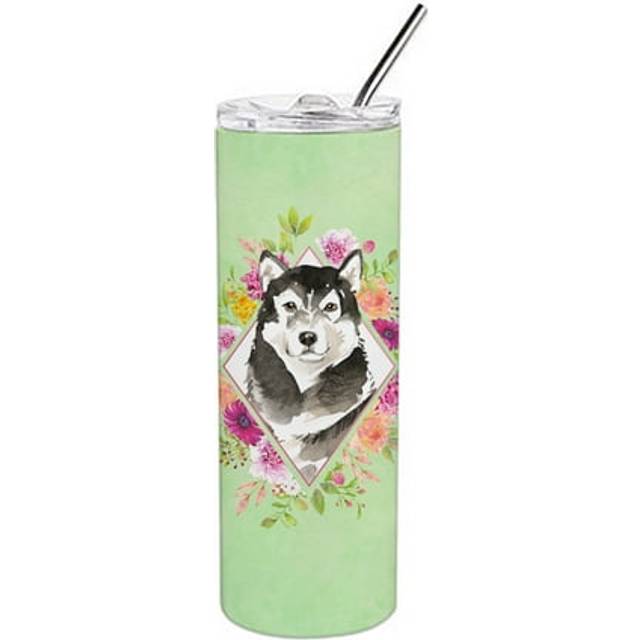 Caroline's Treasures Alaskan Malamute Green Flowers Double Walled Stainless Steel 20 oz Skinny travel-insulated-tumblers  Multicolor