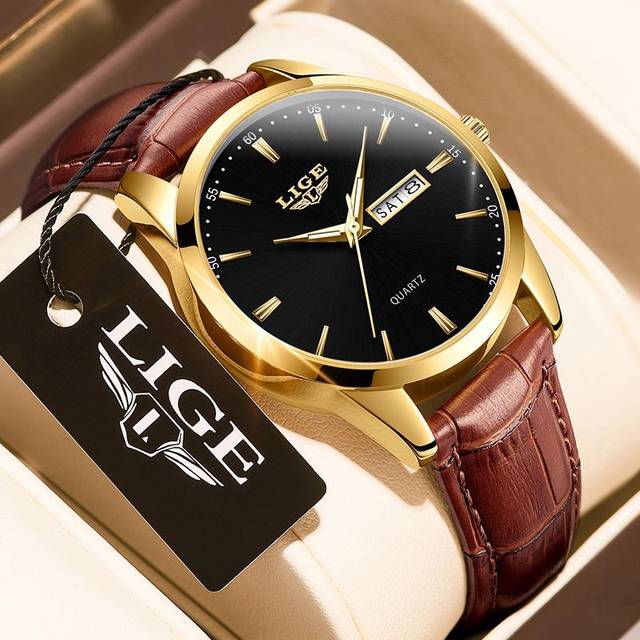 (Gold White) LIGE Top Brand Watch Men Leather Business Date Clock Waterproof Luminous Watches Mens Luxury Sport Waterproof Quartz Wrist Watch